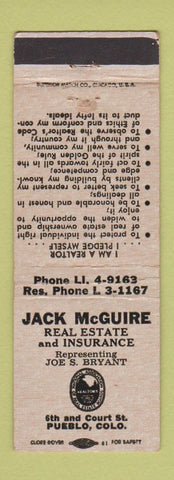 Matchbook Cover - Jack McGuire Real Estate Insurance Pueblo Colorado WEAR