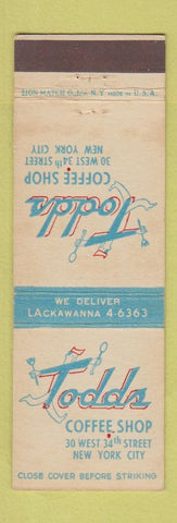 Matchbook Cover - Todds Coffee Shop New York City
