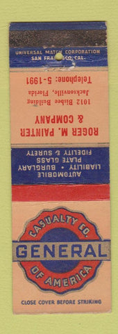 Matchbook Cover - General Insurance Roger Painter Jacksonville FL WEAR