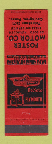 Matchbook Cover - Foster Motors Plymouth DeSoto Covington PA low phone #