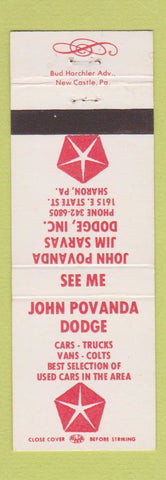 Matchbook Cover - John Povanda Dodge Sharon PA Chrysler