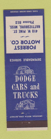 Matchbook Cover - Forrest Motors Dodge Cars Trucks Hattiesburg MS low phone #