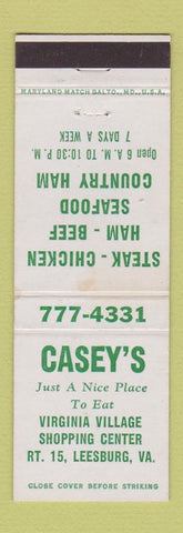 Matchbook Cover - Casey's Restaurant Leesburg VA WEAR