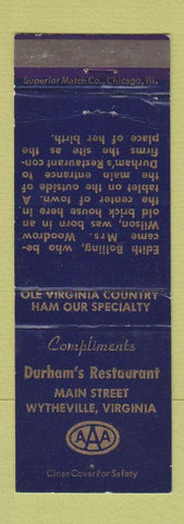 Matchbook Cover - Durham's Restaurant Wytheville VA WEAR