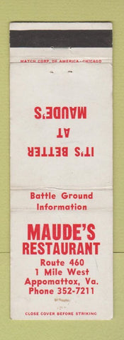 Matchbook Cover - Maude's Restaurant Appomattox VA WEAR