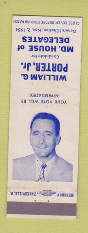 Matchbook Cover - William Porter House of Delegates Election MD Maryland 1954