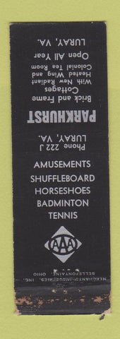 Matchbook Cover - Parkhurst Cottages motel Luray VA MERCHANTS WORN