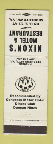 Matchbook Cover - Nixon's Motel Restaurant Middletown VA WEAR Stephens City