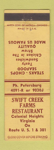 Matchbook Cover - Swift Creek Farms Restaurant Colonial Heights VA