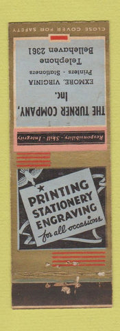 Matchbook Cover - Turner Printing Stationery Exmore VA WEAR