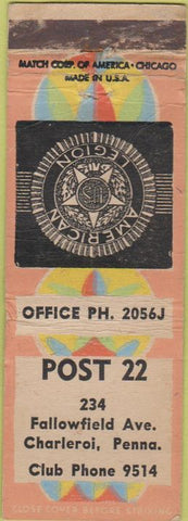 Matchbook Cover - Matchbook Cover American Legion Charleroi PA WEAR