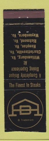 Matchbook Cover - Steaks Williamsburg Hampton Richmond Waynesboro VA