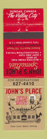 Matchbook Cover - John's Place Owls Roost Dundas ON owl