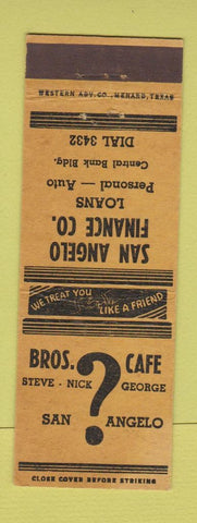 Matchbook Cover - Bros Cafe San Angelo TX finance