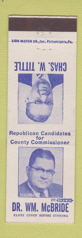 Matchbook Cover - Dr William McBride Chas Tittle Election Dauphin County PA