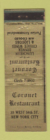 Matchbook Cover - Coronet Restaurant New York City WORN