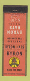 Matchbook Cover - Byron Men's Hats Mechanicsburg PA