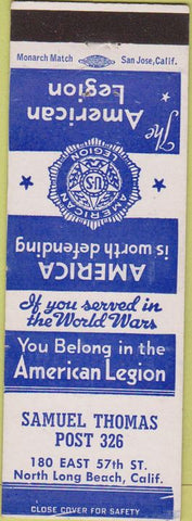 Matchbook Cover - Matchbook Cover American Legion North Long Beach CA