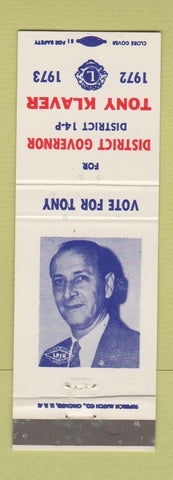 Matchbook Cover - Lions Club Tony Klaver District Governor Election