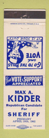 Matchbook Cover - Max Kidder for Sheriff Election Uncle Sam