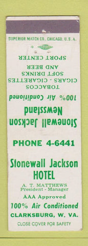 Matchbook Cover - Stonewall Jackson Hotel Clarksburg WV