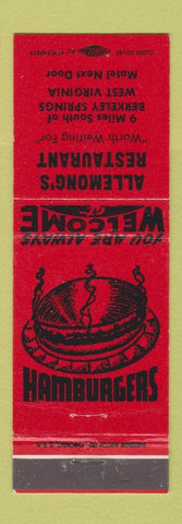 Matchbook Cover - Allemong's Restaurant hamburgers Berkeley Springs WV