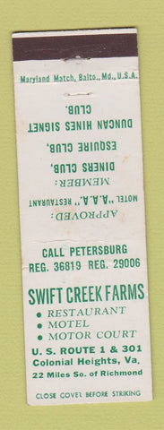 Matchbook Cover - Swift Creek Farms Colonial Heights VA