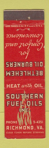 Matchbook Cover - Southern Fuel Oils Richmond VA Bethlehem oil burners