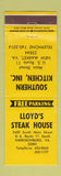 Matchbook Cover - Lloyd's Steak Southern Kitchen New Market Harrisonburg VA WEAR