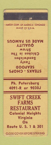 Matchbook Cover - Swift Creek Farms Restaurant Colonial Heights VA