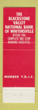 Matchbook Cover - Blackstone Valley National Bank Uxbridge Whitinsville MA