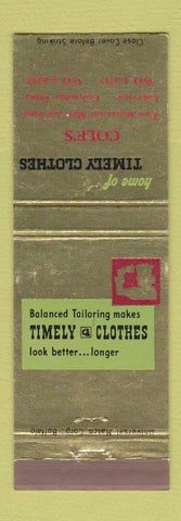 Matchbook Cover - Timely Men's Clothes Cole's Lakeview Columbia Plaza