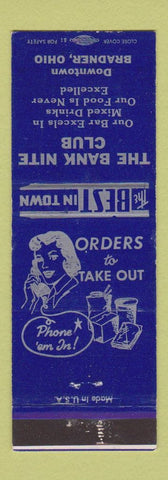 Matchbook Cover - Bank Nite Club Bradner OH