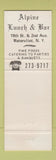 Matchbook Cover - Alpine Lunch Bar Watervliet NY