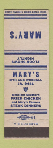 Matchbook Cover - Mary's Restaurant Kansas City MO