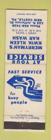 Matchbook Cover - Merryman's Kwik Kleen Car Wash New Castle PA WEAR