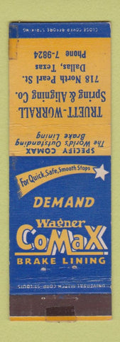 Matchbook Cover - Wagner Brake Lining Truett Worrall Dallas TX WORN