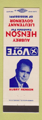 Matchbook Cover - Aubrey Henson Lieutenant Governor Election MS Mississippi