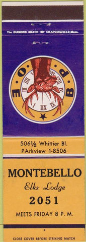 Matchbook Cover - Matchbook Cover Elks Club Montbello CA