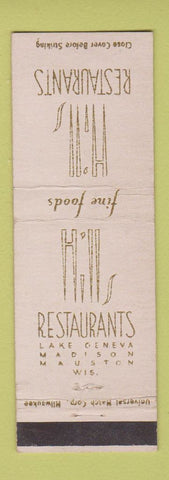 Matchbook Cover - Hill's Restaurants Lake Geneva Mauston Madison WI