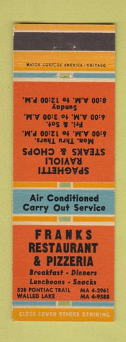 Matchbook Cover - Frank's Restaurant Pizza Walled Lake