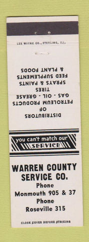 Matchbook Cover Warren County Service oil gas tires Monmouth Roseville IL WHITE