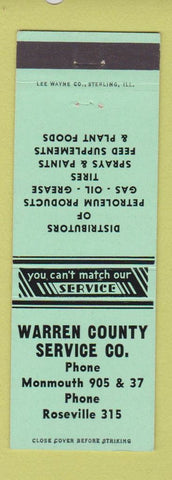 Matchbook Cover Warren County Service oil gas tires Monmouth Roseville IL GREEN