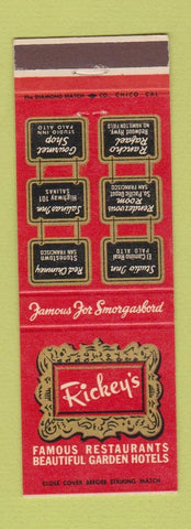 Matchbook Cover - Rickey's Palo Alto San Francisco CA Salinas