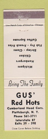 Matchbook Cover - Gus' Red Hots Hot Dogs Plattsburgh NY