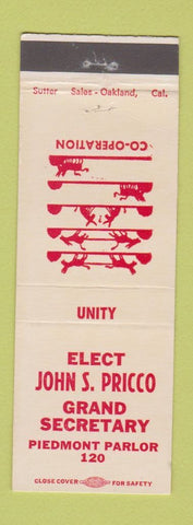 Matchbook Cover - John Pricco Grand Secretary Election