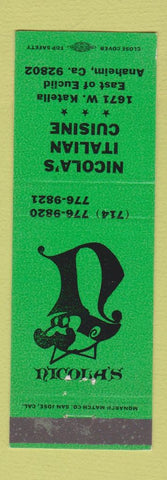 Matchbook Cover - Nicola's Italian Restaurant Anaheim CA GREEN