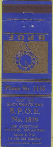 Matchbook Cover - Matchbook Cover Elks Club Clinton OK