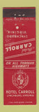 Matchbook Cover - Hotel Carroll Lynchburg VA WEAR