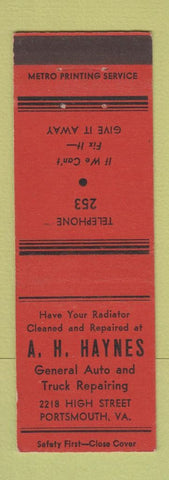 Matchbook Cover - AH Haynes Auto Repair Portsmouth VA low phone #